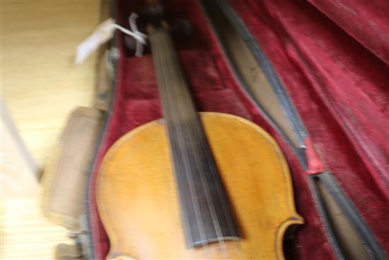 A violin with two piece back, bearing a label for Vasciscus Gobetti Fecit, overall 23.5in., cased